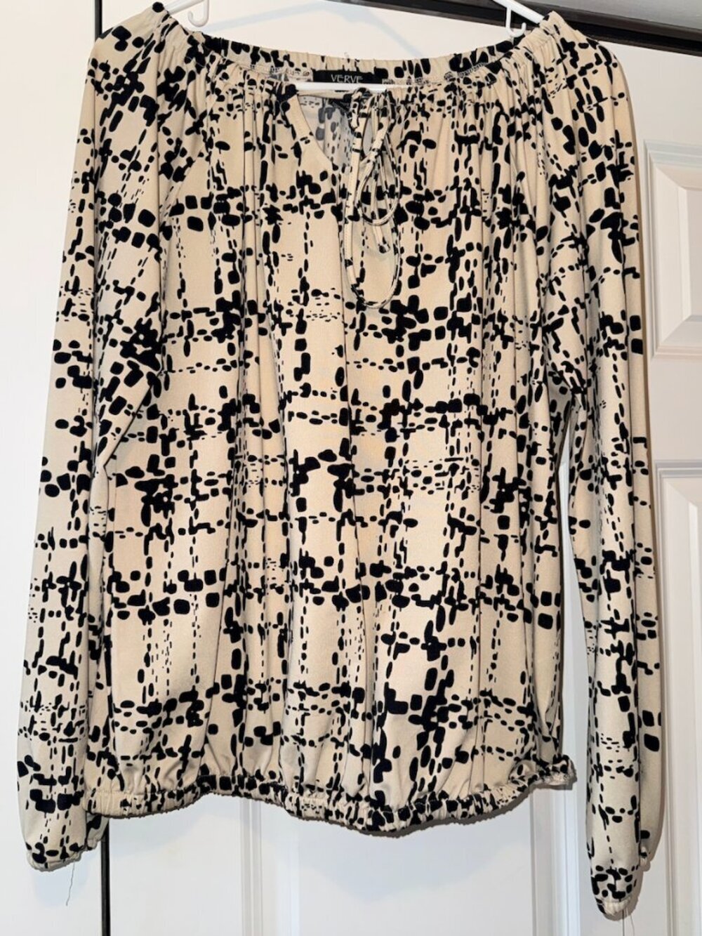 Verve Ami Cream Black Abstract Tie Neck Blouse Medium Boho Peasant Top
